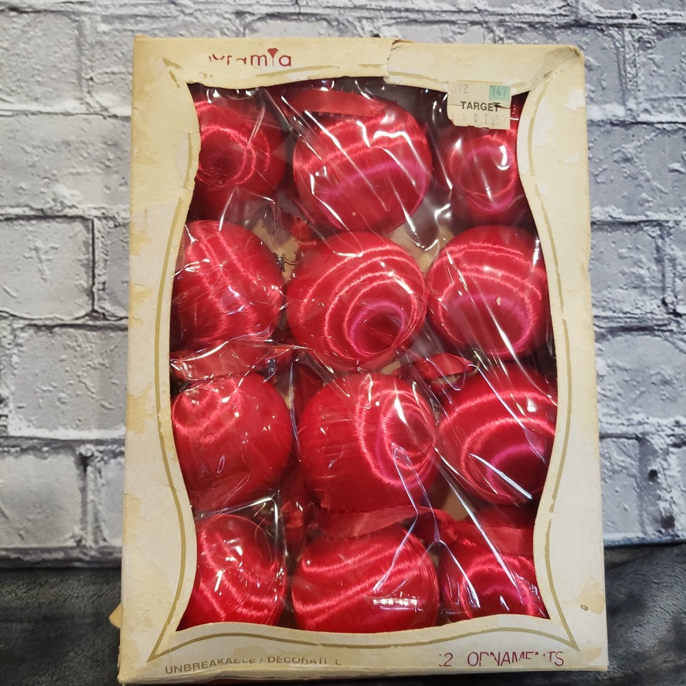 Vintage Pyramid Red Satin Sheen Christmas Ornaments Set of 12 Unbreakable Rauch